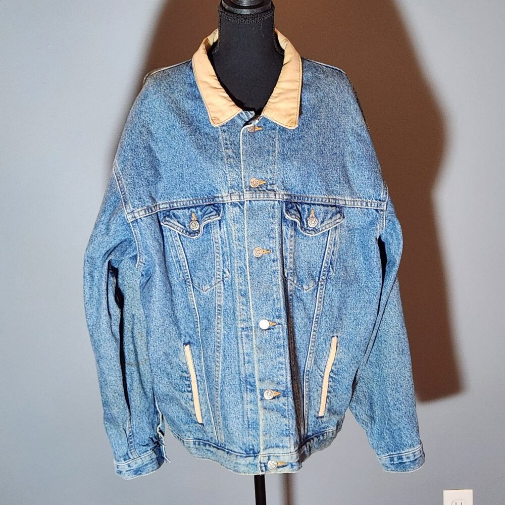 Vintage Arizona Jean Co Denim Jacket Made in USA Large Tan Collar